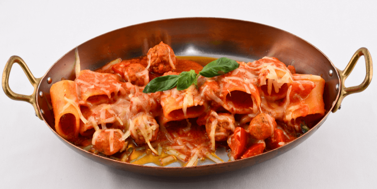 Paccheri, meatballs, tomatoes, pecorino